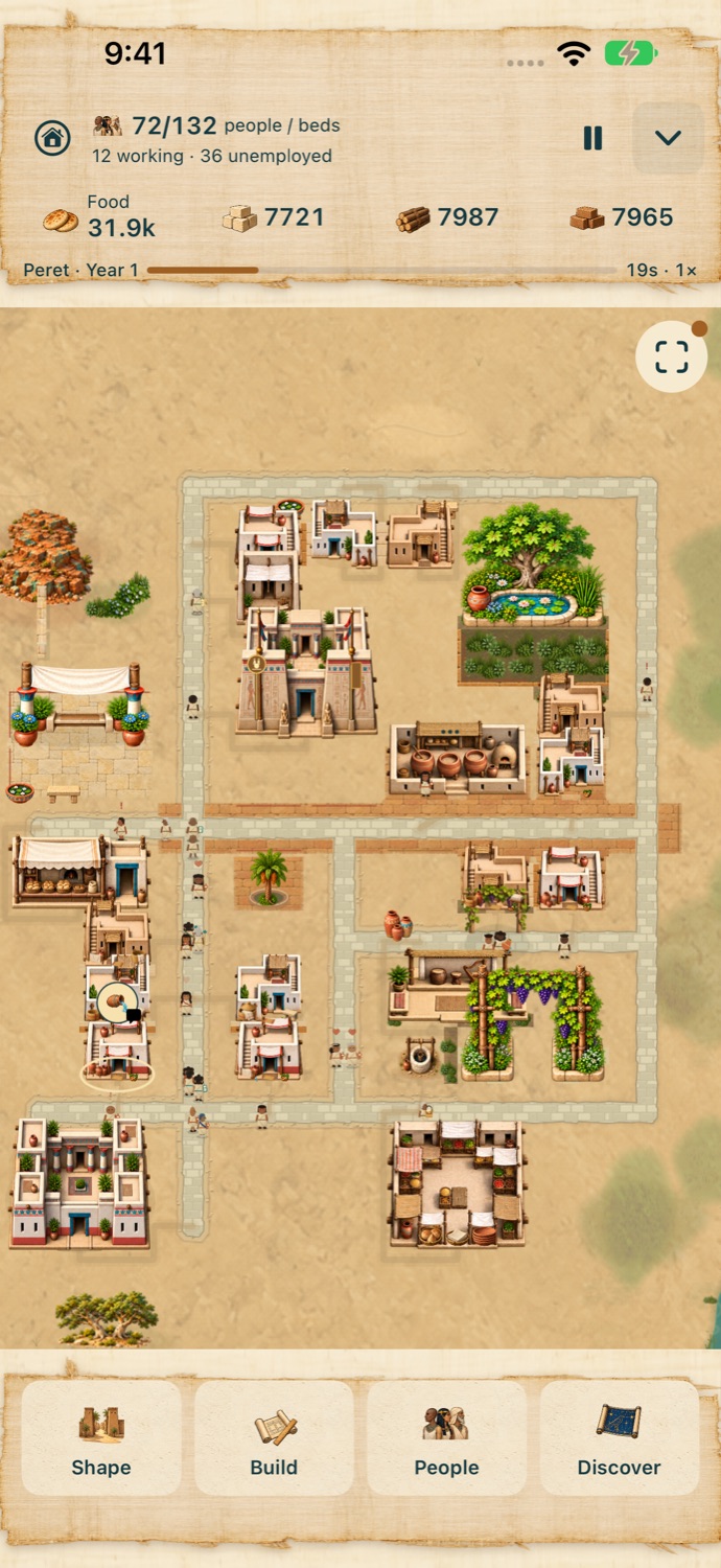 Nile Rise gameplay showing connected homes, decorated streets and gardens