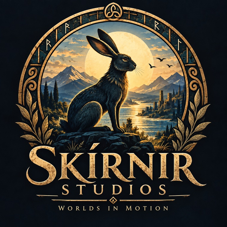 Skirnir Studios. Worlds in motion. A golden emblem surrounding a hare, mountains and a sunlit river.